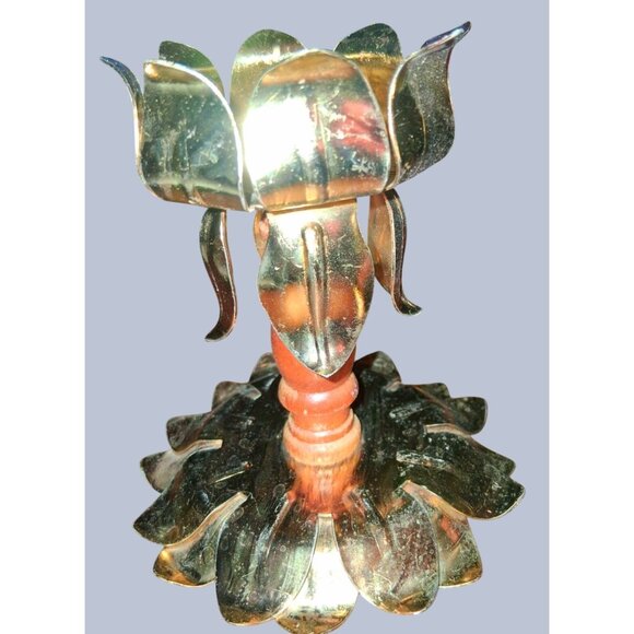 Lotus Flower Brass Wood Flower Petal Candle Holders Set Of 2 - Picture 3 of 9